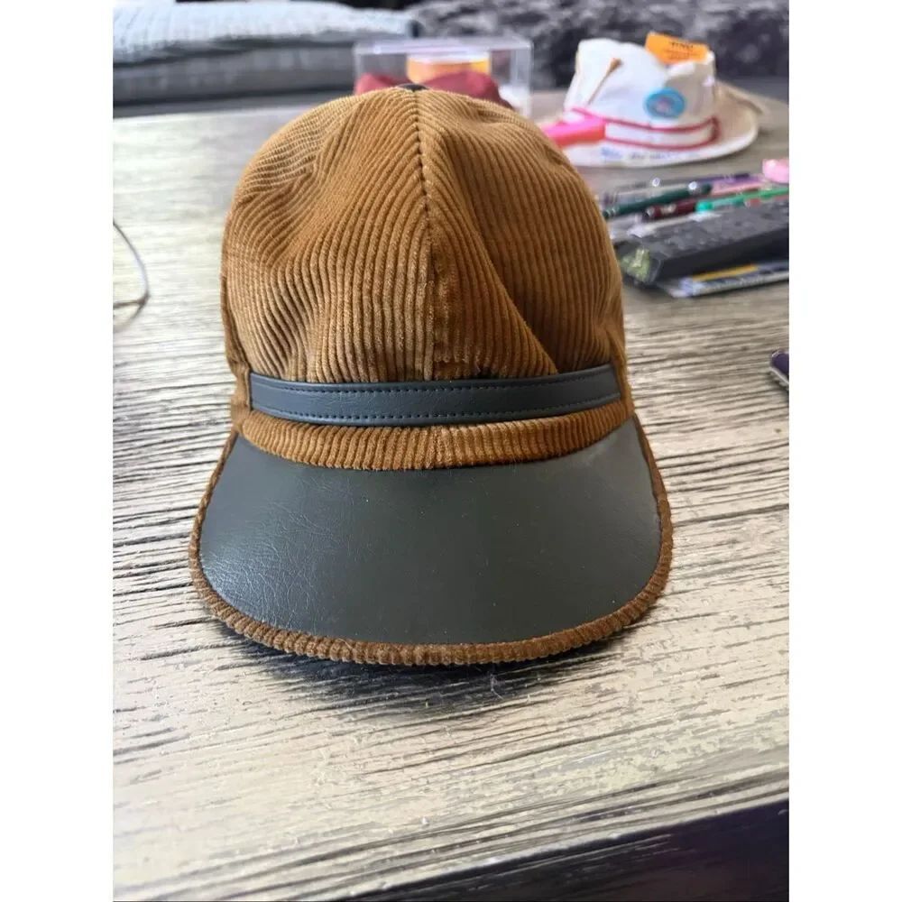 Vintage Brown Wide Whale Corduroy & Leather Brimmed Elmer Fudd Hat sz 7-1/8